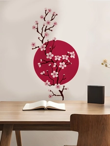 Detail of Japanese style wall sticker featuring red sun and cherry blossom branches