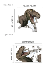 3D T-Rex wall sticker showing layout size 60x40cm and final paste effect 49.5x49cm