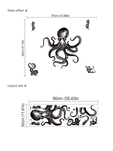 Detail of octopus wall sticker showing layout sheet and final 81x69cm paste dimensions