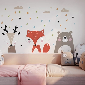 Cartoon forest animals wall stickers featuring deer, fox, and bear for nursery decor