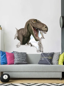 Detail of 3D T-Rex wall sticker showing realistic skin texture and breaking wall effect