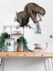Detail of 3D dinosaur wall sticker showing a T-Rex breaking through a realistic brick wall