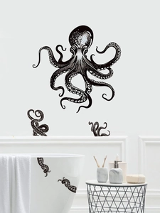 Detail of waterproof black octopus wall decals applied to a white bathtub and bathroom wall