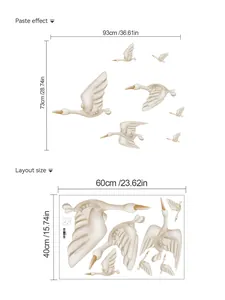 Size chart for flying bird wall stickers showing layout and pasted dimensions