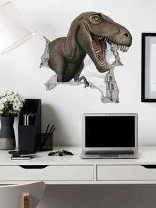 Close-up of a 3D T-Rex wall sticker breaking through a white wall in a modern office setup