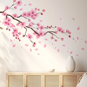 Adesivi murali con rami di ciliegio rosa e petali cadenti per decorazioni di interni