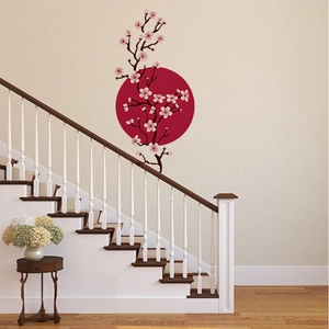 Oriental cherry blossom wall sticker with red sun motif for living room decor