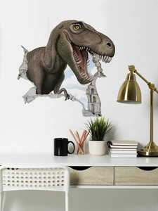 Macro detail of 3D T-Rex wall sticker showing realistic texture and broken wall effect