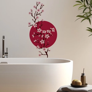 Minimalist Japanese zen style pink cherry blossom and red moon wall sticker for bathroom