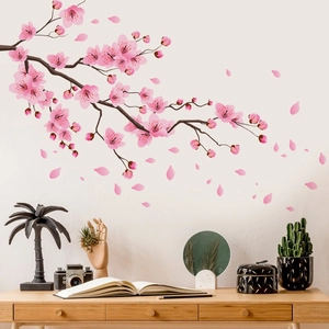 Adesivo murale con rami di ciliegio rosa e petali per la decorazione della casa