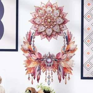 Adesivo murale bohémien con fiore mandala rosa e piume per decorazione domestica
