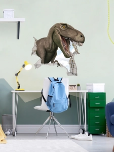 Detail showing 3D T-Rex wall sticker with realistic broken wall effect on a study room wall