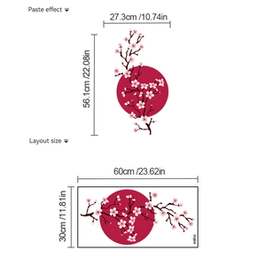 Pink cherry blossom wall sticker with red sun, layout size 60x30cm and paste effect