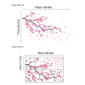 Adesivo da parete con rami di ciliegio rosa e petali per decorazione della camera