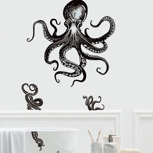 Artistic black and white octopus wall decal on bathroom tile for minimalist home decor