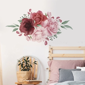 Stickers muraux roses à l'aquarelle décoration florale pour chambre et salon