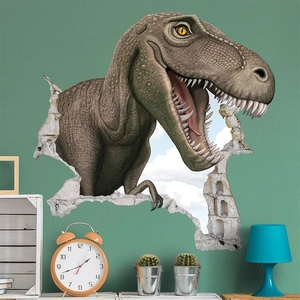 Realistic 3D T-Rex dinosaur wall sticker with broken wall effect for home decoration