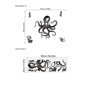 Octopus wall decal layout for living room measuring 81x69cm in vintage sketch style