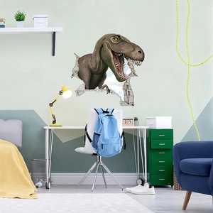3D dinosaur wall sticker mural featuring a realistic T-Rex breaking through a cracked stone wall