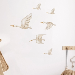 Flying stork wall stickers set in beige and ochre for Nordic style nursery decor