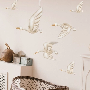 Elegant set of 3D flying swan wall stickers in cream white with gold accents for home decor