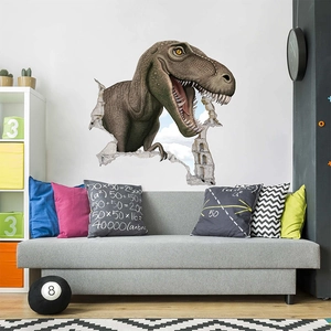 3D T-Rex wall sticker showing a dinosaur breaking through the wall in a living room setup