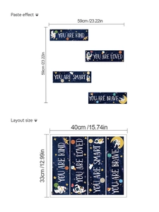 Vue détaillée des stickers muraux astronaute avec citations et dimensions pour chambre d'enfant