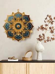 Detailed layered mandala wall art with golden bronze and navy blue hollow pattern