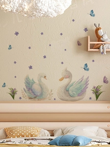 Detailed watercolor swan wall sticker with butterflies and floral accents on a bedroom wall