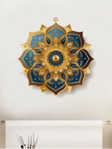 Close-up of blue and gold mandala wall sticker with 3D layered geometric flower patterns