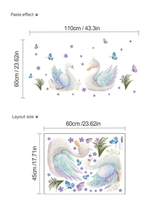 Detail showing swan wall sticker layout size 60x45cm and final paste effect dimensions