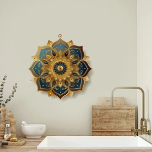 Mandala wall sticker with gold and blue lotus design in a modern kitchen setting