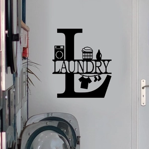 Sticker mural noir buanderie avec icônes de machine à laver et lettrage artistique