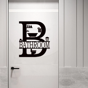 Moderner schwarzer Badezimmer Wandsticker mit BATHROOM Schriftzug und Sanitär-Icons