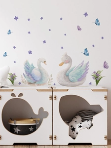 Detail of watercolor swan wall stickers with purple butterflies on a white nursery wall