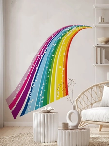 Detail of colorful rainbow wall decal with white stars on a minimalist white wall background