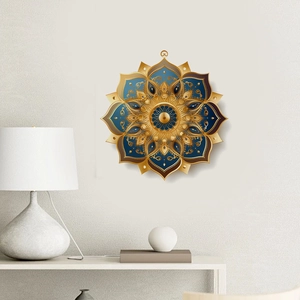 Blue and gold mandala wall decal displayed on a white wall in a modern living room decor