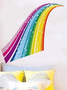 Close-up of colorful rainbow wall sticker with white stars for bedroom wall decor