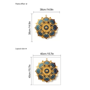 Mandala wall sticker in blue and gold showing layout size and 38x38cm paste effect