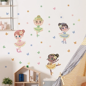 Stickers Muraux Dessin Animé Fille de Ballet PVC Amovibles Avec Étoiles Papillons pour Chambre d'Enfant Filles Décoration
