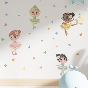 Set de stickers muraux ballerines de dessin animé avec étoiles pour chambre d'enfant