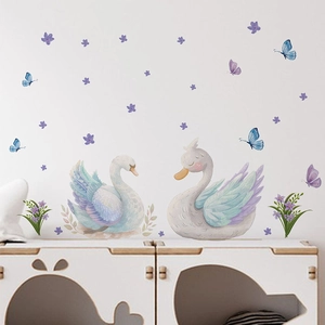 Nursery wall stickers featuring swans butterflies and purple flowers for home decoration