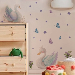Elegant swan and butterfly wall stickers for children bedroom nursery room decoration