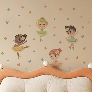 Stickers muraux ballerines de dessin animé pour chambre d'enfant avec étoiles et papillons