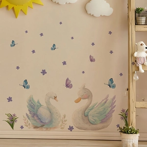 Charming swan wall stickers with butterflies and flowers for kids bedroom decor