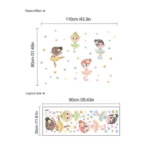 Stickers muraux ballerine dessin animé avec papillons pour chambre enfant 110x80cm