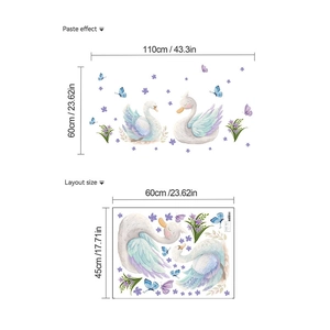 Watercolor swan wall stickers with flowers and butterflies for bedroom home decoration