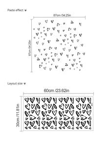 Detailed wall sticker layout and application guide for heart patterns showing 87x87cm size