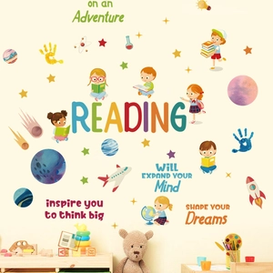 Adesivo da Parete Educativo in PVC per Bambini Tema Lettura Spazio Pianeti per Cameretta Asilo Nido Biblioteca Studio