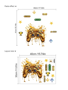 Detail showing golden gamepad wall sticker with liquid splash effect and layout dimensions